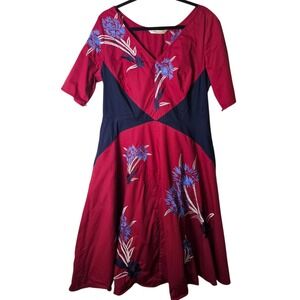 eShakti XL/2XL Red Burgundy Floral Embroidered Cotton Midi Dress A Line Boho‎